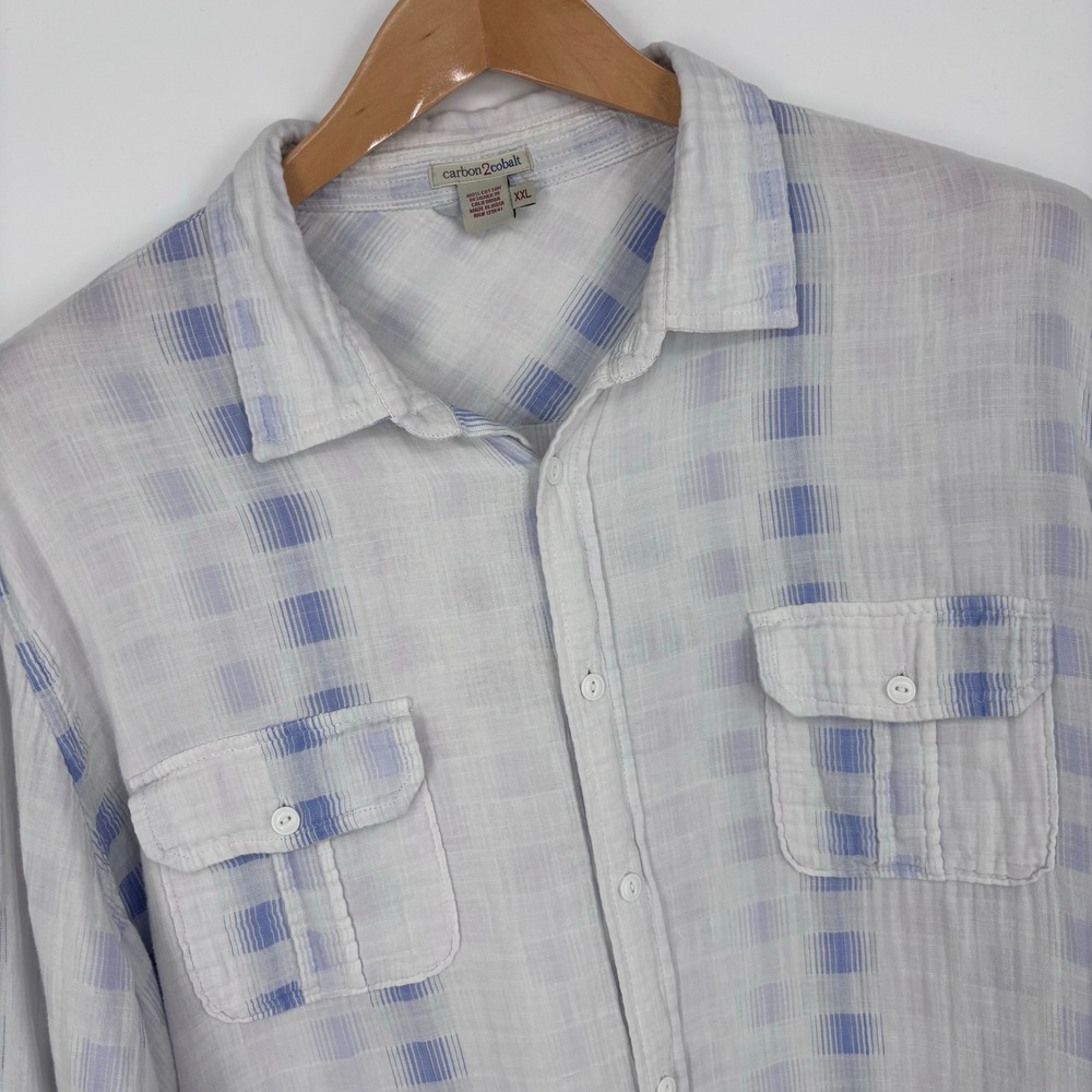 Carbon2Cobalt Cotton Gauze Plaid Button Down Shirt Mens XXL Blue White Coastal